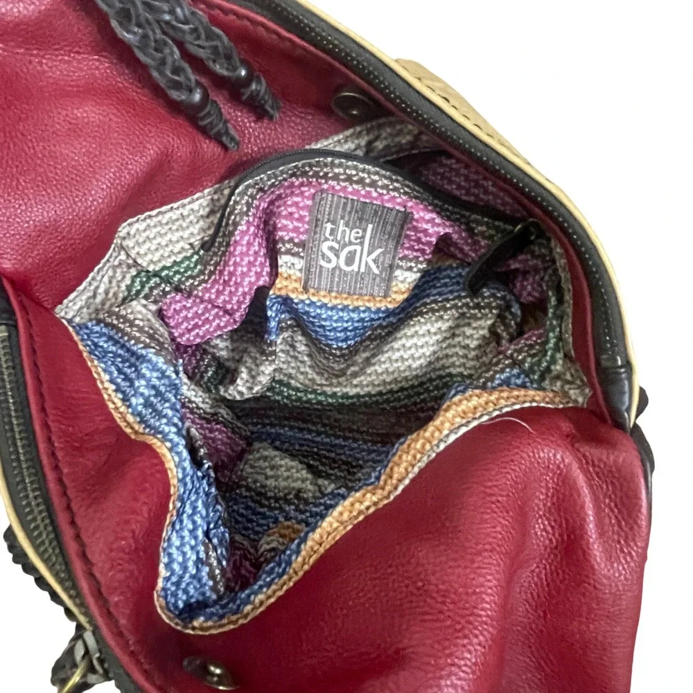 The Sak‎ Colorblock Leather Hobo Shoulder Bag Burgundy Beige Black Braided Strap
